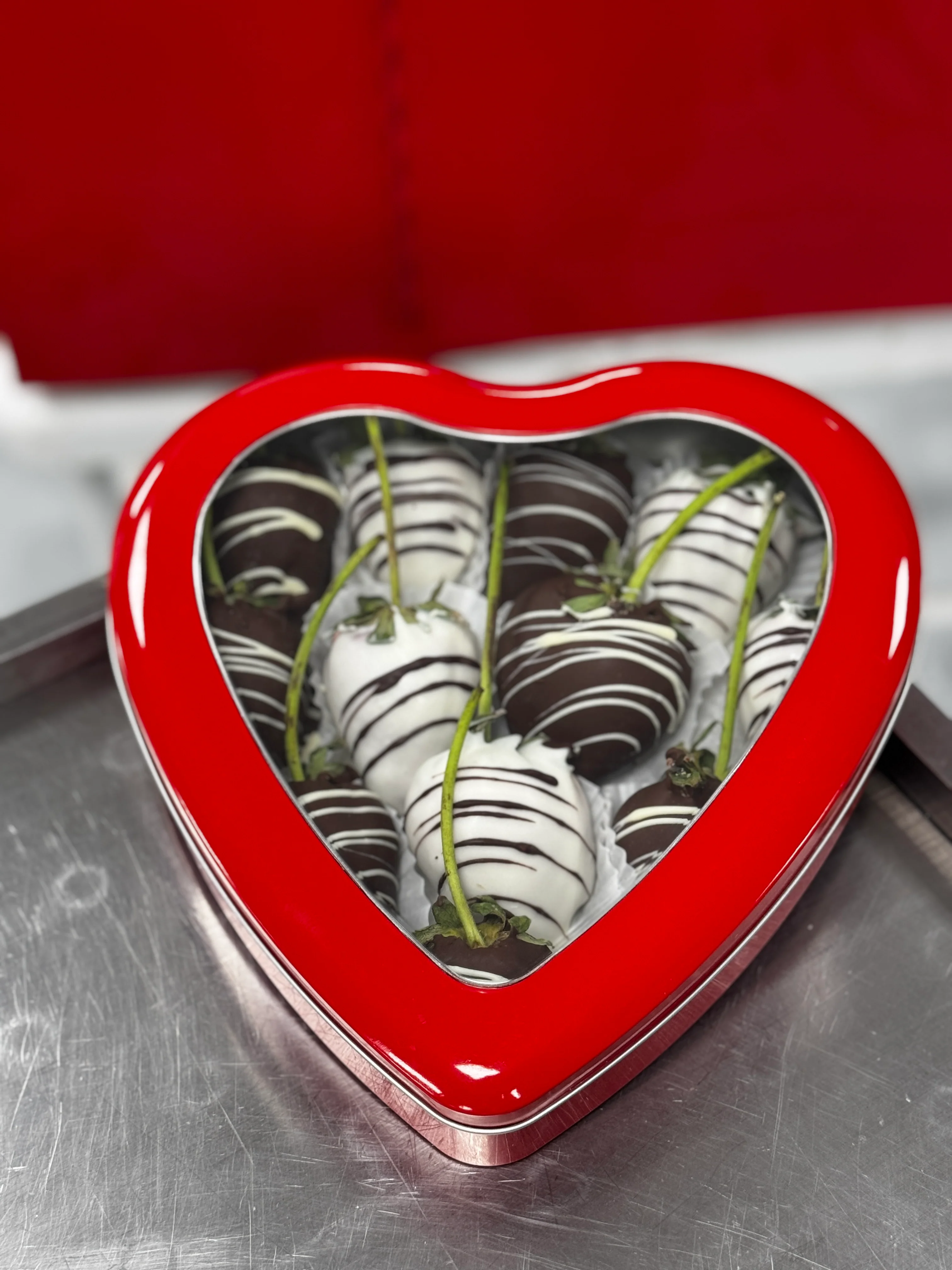 Large Heart Tin Chocolate Covered Strawberries - Image 2